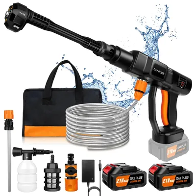 Image de Nettoyeur haute pression sans fil - Lave-auto portable à batterie - 2 batteries - Buse 6-en-1 - Moteur sans balais - Tuyau d'arrosage - Jet rassembleur