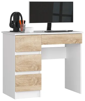 Produktbild von Computerschreibtisch – Schreibtisch – Bürotisch – Büroschreibtisch – 90 cm – Weiß / Sonoma Eiche – Kompakter Computertisch mit 4 Schubladen links