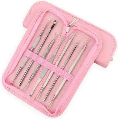 Produktbild von Akne- und Pickelentferner-Set aus Edelstahl – Komedonenlöffel – Komedonenentferner – Mitesserentfernung – Pickelentferner – Rosa