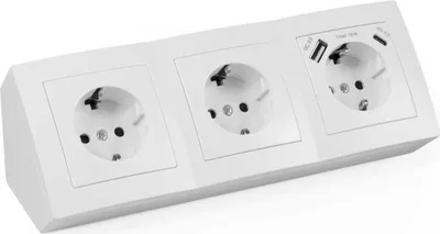 A white, three-socket power strip with two USB ports.