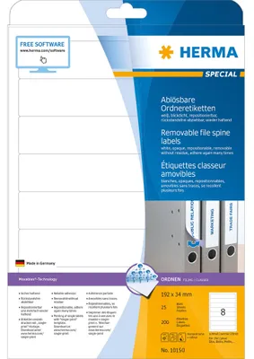Obrázek produktu pro HERMA 10150, Bílá, Samolepicí štítek, A4, Papír, Laserová/inkoustová tiskárna, Vyjímatelná