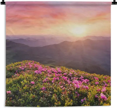Produktbild von MuchoWow® Wandteppich Wandbehang Blumen - Berg - Sonnenuntergang - Landschaft 90x90 cm Tapisserie Dekoration Wandtuch - Wandaufhänger