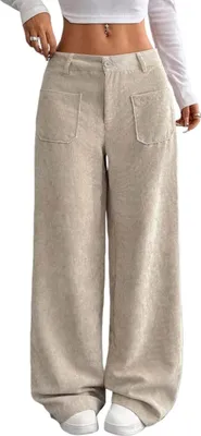 Produktbild von ASKSA Damen Cordhose High Waist Weites Bein Hosen Freizeithose Elegante Bequeme Locker Hose mit Taschen (Aprikose,M)