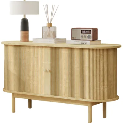 Produktbild von Sideboard Retro Kommodenschrank Esszimmerschrank mit Schiebetüren, Metallgriffen, Verstellbaren Einlegeböden, HellOak