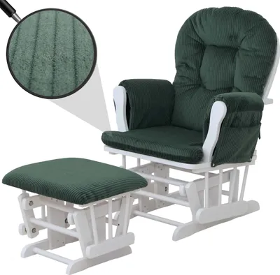 A green upholstered glider chair and ottoman set with a white frame, shown against a white background.