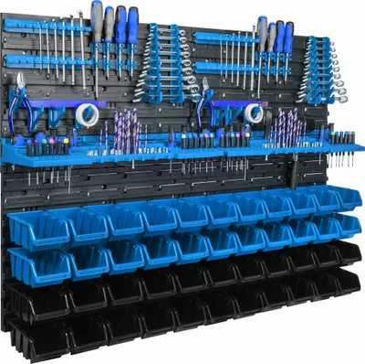 Immagine prodotto di Pannello porta attrezzi da appendere 115x78cm con 44 pezzi. Scatole blu montate a parete con set di supporti in plastica