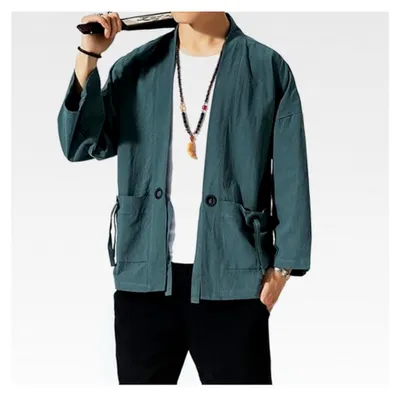 Produktbild von Kimono-Cardigan für Herren aus Leinen, traditionelles chinesisches Leinen, Tangzhuang, oversized Cardigan mit sieben Ärmeln, 3/4-Ärmel, offenes Front-Outwear im Hanfu-Stil, Baumwolle