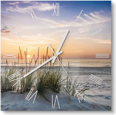 Produktbild von DEQORI Glasuhr 30x30 cm Römisch 'Sonnenuntergang am Strand' Wanduhr Glas Uhr Design leise