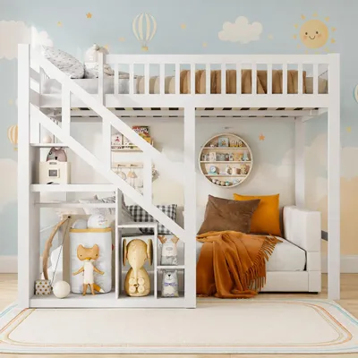 Produktbild von INONEFT Hochbett 90x200 cm mit Rausfallschutz, Kinderbett mit Treppe Lagerung und Lattenrost, Stern-Design Etagenbett, ohne Matratze, Weiß, KI-generiertes Bild