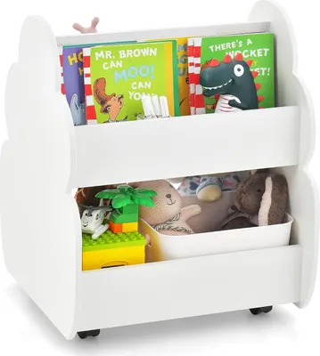 Produktbild von Kinder Bücherregal Kinderregal mit 3 offener Ablage, Spielzeug-Organizer, Spielzeugkiste mit Räder für Bücher und Spielzeug, für Kinderzimmer & Kindergarten 52x47x63 cm (Weiß)