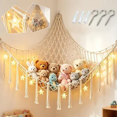 Kuscheltier-Aufbewahrungsnetz mit LED-Lichtern, 150x110x110 cm