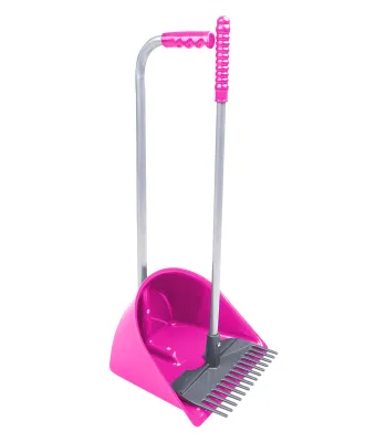 A pink and gray stall butler set, consisting of a dustpan and a small rake, is shown against a white background.
