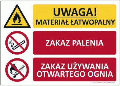 Zdjęcie produktu dla T015 - UWAGA! Materiał łatwopalny/Zakaz Palenia/Zakaz używania otwartego ognia - 700x500 mm.
