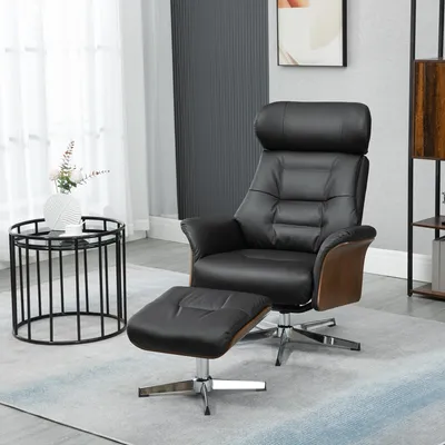 Produktbild von Relaxsessel mit Fußhocker 360° drehbar, Liegesessel Kunstleder verstellbare Kopfstütze, Fernsehsessel Schwarz | 80x84x108 cm | 100°–135° | Holzrahmen