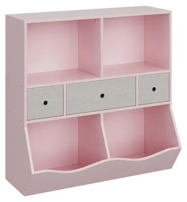Produktbild von Regal für Kinder mit 4 Fächern und 3 rollbaren Aufbewahrungsboxen – Organizer für Spielzeug und Bücher (Rosa)