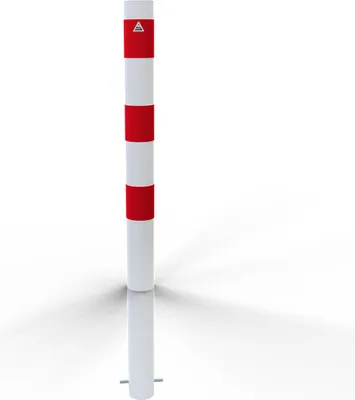 Produktbild von Schake Absperrpfosten ortsfest aus Stahlrohr verzinkt Ø89x2,9mm weiß mit rot reflektierenden Leuchtstreifen, Dübelbefestigung und Stahlkappe 900mm Überflur