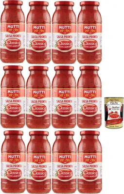 Produktbild von Mutti Salsa Pronta Pomodoro Classica, Tomatensauce 100% Italienisch sauce fur pasta, pizza focaccia 12x 300g + Italian Gourmet polpa 400g