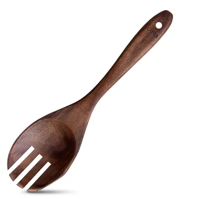Produktbild von LAYBA Teakholz Servierlöffel mit Schlitzen (26 cm) – Salatbesteck Holz. Hitzebeständig, Kratzfrei, Küchenhelfer. Holzgabel für Salat Mischen. Teakholz