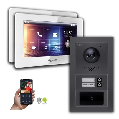 Produktbild von Goliath IP Video Türsprechanlage: 7-Zoll 2 Familienhaus, RFID, Anthrazit : 7 Zoll Weiß : 4er POE : Unterputzdose Anschluss: 4er POE Monitor Farbe: 7 Zoll Weiß Montage: Unterputzdose