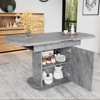 Zdjęcie produktu dla Rozkładany stół jadalny o wymiarach 110/130 x 70 x 75 cm, owalny stół z pojemnikami i szafką, wykonany z płyty wiórowej i metalu, imitujący beton z srebrnym uchwytem