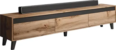 A modern wooden TV stand with a black soundbar on top, set against a white background.