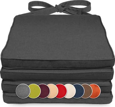 Produktbild von sunnypillow 4er Set Stuhlkissen 40 x 45 x 5cm | Polsterauflage Auflage für Stühle / Rattanstühle | Stuhlauflage mit Schleifenbändern | Indoor / Outdoor | Anthrazit |