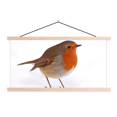 Produktbild von MuchoWow® Textilposter Vogel - Rotkehlchen - Schnee 60x30 cm mit holzfarbenen Rahmen - Dekoration