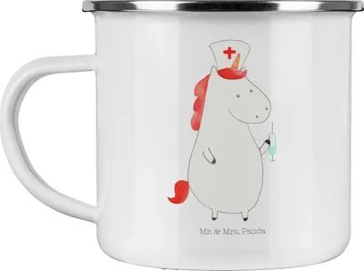 Produktbild von Mr. & Mrs. Panda Emaille Tasse Einhorn Krankenschwester - Weiß - Geschenk, Haferl, Ärztin, Pott, Teetasse, Unicorn, becher, Krankenpflegerin, Krankenhaus, Krankenpfleger