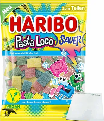 Produktbild von Haribo Pasta Loco Sauer Vegan (160g Packung) + usy Block