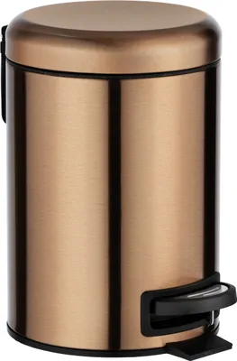 A copper-colored pedal bin with a black pedal and lid.