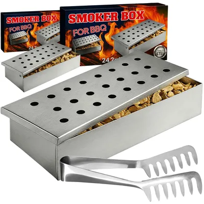 Produktbild von 2 x Edelstahl Räucherbox + 1 Zange Smokerbox Räucherdose Holzkohle Grill Box BBQ