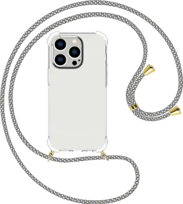 Produktbild von Handykette Backcover-Schutzhülle mit Band (Metall goldfarben) für Apple iPhone 15 Pro - weiß/grau kariert