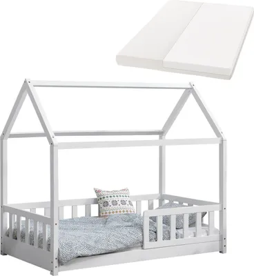 Produktbild von Juskys Marli Kinderbett, Liegefläche 80x160 cm, inkl. Matratze, Lattenrost, Dach, Rausfallschutz, Holz Weiß, Gesamt 87x166x143 cm (BxLxH), Modern Skandinavisch, für 3-10 Jahre, bis 120 kg, Allergiker geeignet