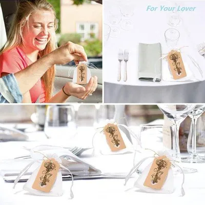 Produktbild von Gastgeschenke für Gäste, 50 Stück Vintage-Flaschenöffner + Organzasäckchen + Kraftpapier + Jute für Babypartys, Feiern, Bankette, als Dankeschön, Geschenke für Kollegen