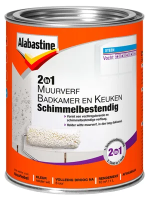 Productafbeelding van Alabastine - 2-In-1 Muurverf Badkamer En Keuken Schimmelbestendig - Wit - 1 L