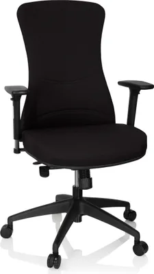 A black office chair is shown from the front against a white background.