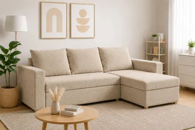 Produktbild von Ecksofa HUGO L-Form, Universal, Modernes Bettsofa mit Schlaffunktion und Bettkasten, Schlafsofa, Couch beidseitig montierbar, BEIGE - SAWANA 17