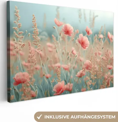 Produktbild von MuchoWow® - Leinwandbilder - Blumen - Natur - Mohnblumen - Blumenfeld, Wandbild, Wanddeko Bilder Wohnzimmer, 90x60 cm