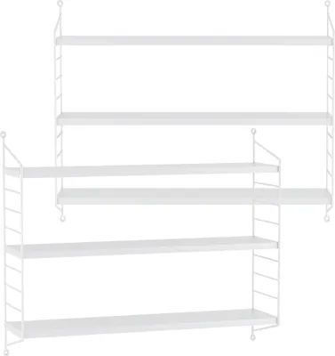 A set of two white modular wall shelves against a white background.