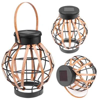 A collage of three solar garden lanterns with a bamboo-like cage and a black top with a solar panel.