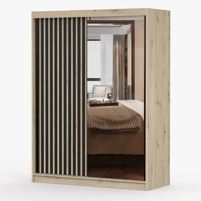 Produktbild von Schwebetürenschrank Kleiderschrank Schrank 150cm Artisan/Schwarz Schiebetürenschrank mit Spiegel und Lamellen LAMI C