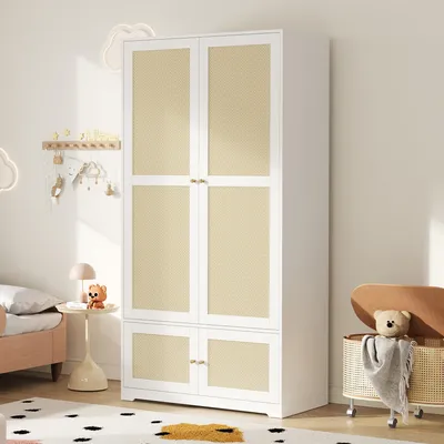 Produktbild von Merax Rattan Kleiderschrank 4-türig, mit Kleiderstange und Einlegeböden, Schlafzimmer Kleiderschrank, Kinderzimmermöbel, 90×48×180 cm, Weiß
