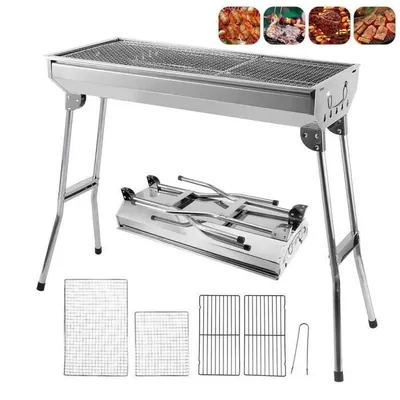 A stainless steel charcoal grill with folding legs, shown with accessories and illustrative images of food.