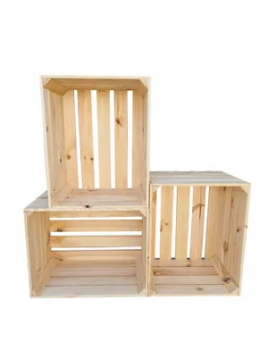Three wooden crates stacked on a white background.