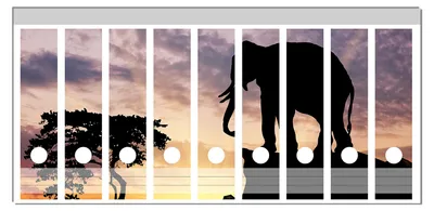 Produktbild von Wallario Ordnerrücken Sticker, selbstklebend für breite Ordner, 9 Stück, Motiv Elefant vor Abendhimmel