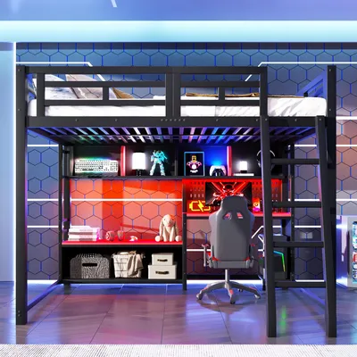 Immagine prodotto di Letto a castello 140x200 cm con scrivania e presa di corrente, letto per bambini/ragazzi con illuminazione a LED, letto a castello in metallo con contenitori e scaletta, colore nero e rosso