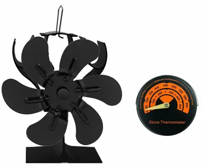 Produktbild von 6-flügeliger Kaminofen-Ventilator aus Aluminium, wärmebetrieben, leise und stromlos für Holz- und Pelletöfen - Mit Thermometer B