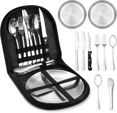 Produktbild von Famanu Campingservietten-Set für 2 Personen - Tragbare Edelstahlbesteckset für Outdoor-Aktivitäten