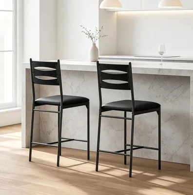 Produktbild von 2er Set Barhocker Schwarz mit Rückenlehne, Gepolsterte Tresenhocker aus PolyurethanKunstleder mit Metallgestell und Fußstütze