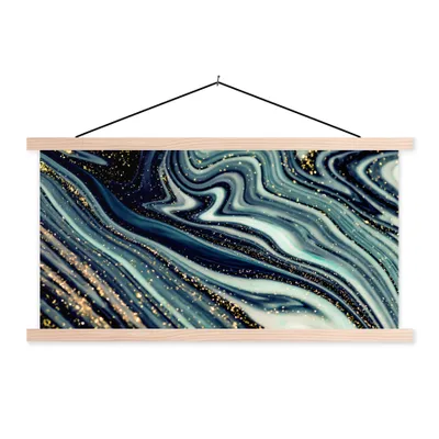 Produktbild von MuchoWow® Textilposter Marmor - Gold - Blau - Glitter - Marmoroptik - Abstrakt 60x30 cm mit holzfarbenen Rahmen - Dekoration